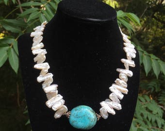 Chunky Pearl & Turquoise Statement Necklace