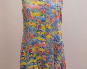 1980's colourful summer dress with drop waist and scenery pattern with POCKETS