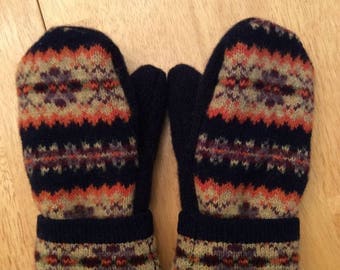 Navy Patterened Upcycled Wool Mittens