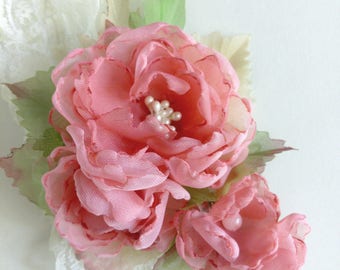 Pale coral fabric flowers, flower hair clip, fabric flower brooch, coral chiffon flowers vintage, Shabby Chic flowers, chiffon flowers boho
