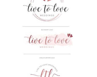 Premade logo circles, Photography logos and watermarks, Watercolor Wedding Logo Design, Rose Gold Logo, Premade branding kit, Heart logo 023