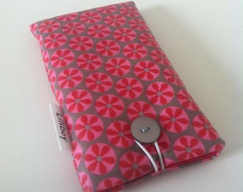 étui portable/lunettes "mosaïque gris et rose" en coton enduit et coton fuschia