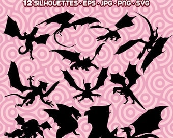 Dragons Silhouettes, Dragons SVG, Dragon Art, Clipart Dragons,Dragons PNG, Instant Download 66