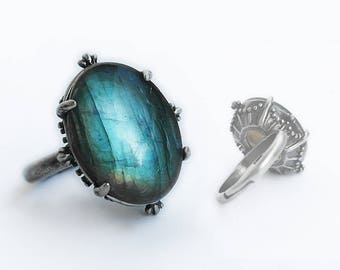 Labradorite Ring silver Labradorite engagement ring blue stone ring gemstone ring Adjustable solitaire ring gift for girlfriend women