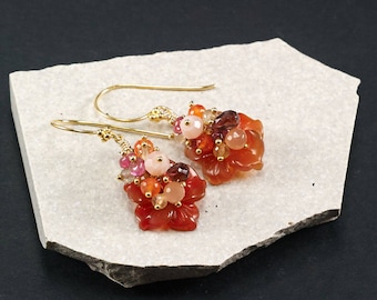 Red Agate earrings, Garnet Pink Opal Carnelian Peach Moonstone PInk Opal Pink Tourmaline Lemon Quartz cluster earrings, Gold Vermeil hooks