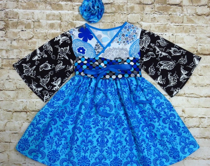 Blue Damask Dress for Baby Girls, Toddlers, Teens - Birthday Outfit - Kimono Style - Long and Short Sleeves - Handmade - 12 mos to 14 yrs