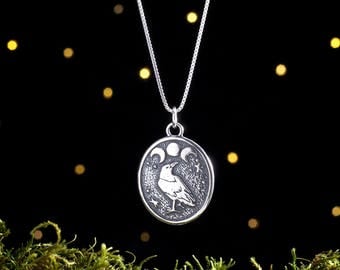 Sterling Silver Raven and Triple Moon - (Pendant or Necklace)