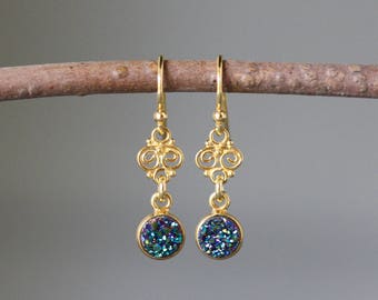 Druzy Quartz Earrings - Peacock Druzy - Rainbow Druzy - Druzy Jewelry - Gold Link Earrings - Sparkling Earrings - Evening Jewelry - Gift