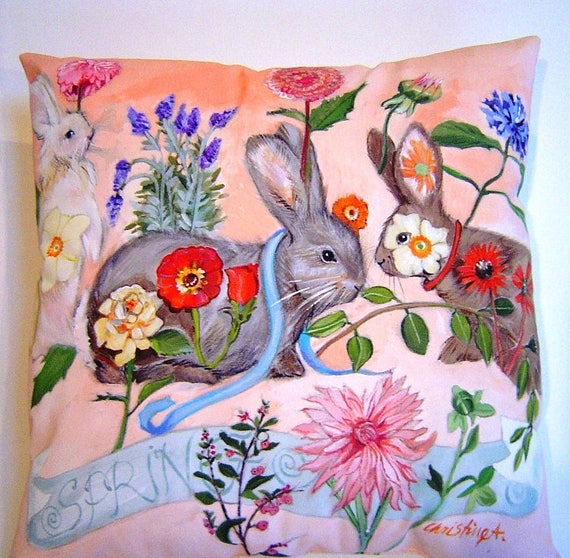 Rabbits in the Flowers Pillow Hand Painted Original Spring