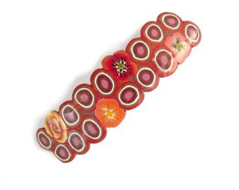 polymer clay Hair barrette, French clip, hair clip, floral red artisan made French Hair clip, handmade millefiori cane, poppies rose flowers