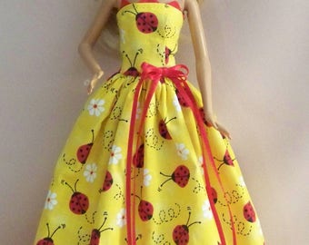 Handmade Barbie Doll Clothes- Yellow with Lady Bugs Barbie Gown/Dress