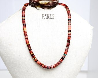 HEISHI NECKLACE - Lovely old necklace made from small vinyl discs - red, black & pink disc necklace - vintage heishi necklace