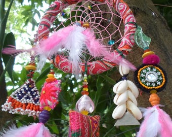 Tribal Dreamcatcher With Vintage Textiles, Beads, Shells, Feathers, Tassels and Magic