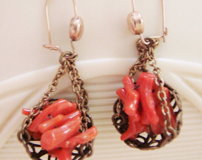 Antique Branch Coral Chandelier Drop Earrings / Filigree / Vintage Jewelry / Jewellery