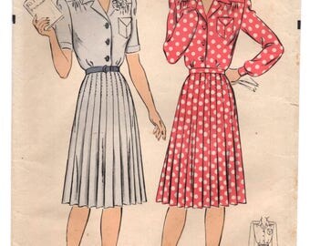 RESERVED 1940's Hollywood One piece Shirtwaist Dress with Pleated Skirt Pattern - Bust 36" - No. 1289