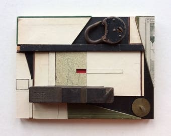 Original Assemblage/ Collage, Paper, Wood, Metal, 7.75" x 5.75"