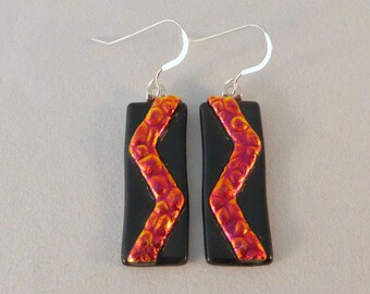 Red Orange and Black Earrings, Fused Glass, Glass Earrings, Dangle Earrings, Fused Glass Earrings, Dichroic Earrings, Dichroic, Zigzag