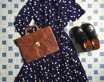 Vintage Japanese pleated long sleeves dress with cherry blossom pattern and band collar