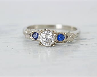 Vintage 1950s Sapphire and Diamond Engagement Ring | Mid Century 14k White Gold Ring | Botanical Jewelry | Nature Jewelry |Size 6.25 Sizable