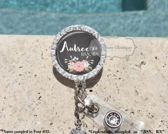 Retractable Badge Holder,Personalized Badge Reel,Bling Badge Reel,Badge Holder,Nurse,Pharmacy,RX,RN BSN, Floral Chalkboard, MB300