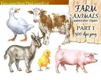 Farm Animals Clipart, Digital Watercolor Illustration, Animal Clip Art, Hand-painted, Realistic Animal Stock Illustration, Commercial use
