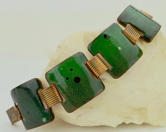 vintage jewelry | 50s vintage bracelet | square link bracelet | modernist bracelet | green enamel cuff | copper bracelet | brulalist cuff