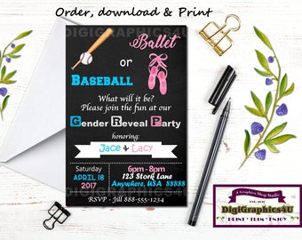 Baseball or Ballet Gender Reveal Party Invitation, He or She, Pink or Blue, Boy or Girl - Printable Personalized File