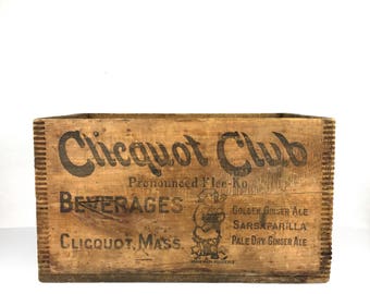 Antique Wood Crate Vintage 1930s Clicquot Club Beverages Wooden Crate Massachusetts Old Eskimo Graphics Clicquot Club Ginger Ale Wood Crate