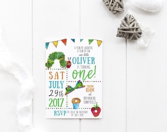 The Very Hungry Caterpillar themed invitation, DIGITAL DOWNLOAD, colourful boy's first birthday baptism baby shower invite