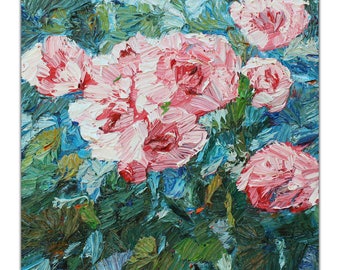 Original floral oil painting, textured palette knife painting of roses, pink roses, contemporary art, Aminovart