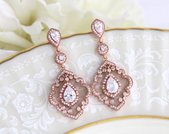 Rose Gold Earrings, Art Deco Chandelier earrings, Bridal earrings, Wedding jewelry, Rose Gold Wedding earrings, Rose gold crystal earrings