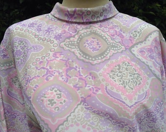 Vintage 1960s, 1970s blouse, top, tunic. Pale pink & purple psychedelic pattern. Mod, min dress.
