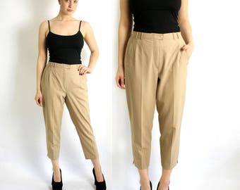 Vintage 80's 90's Beige Wool Blend High Waisted Pleat Pants. Tapered Leg Trousers Ankle Crop