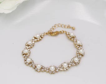Bridal bracelet Gold, pearl wedding bracelet, rhinestone pearl bracelet, crystal white pearl bracelet, bridal jewelry, wedding 535339019