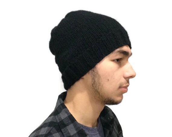 Men CASHMERE slouchy beanie Hand knit Black hat unique gift