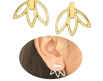 Lotus Flower Ear Jacket Earrings- Choose Sterling Silver, Gold, Rose Gold, front back earrings, Lotus flower stud earrings, bar earrings