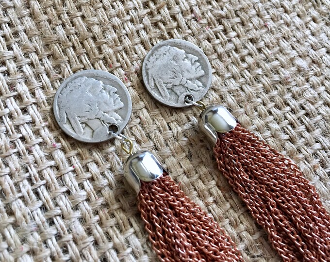 Coin Tassel Studs, Buffalo Nickel Studs, Indian Head Studs, Copper Tassel Studs, Upcycled Coin Studs, Vintage Coin Studs,Bohemian Coin Studs