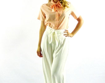 80's Peach Bow Tie Blouse - Size Large