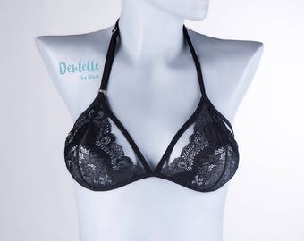 Black Lace Racerback bralette | See through bralette | Beige bralette | Strappy Bralette | Sheer bra with adjustable back | Cage Bralette
