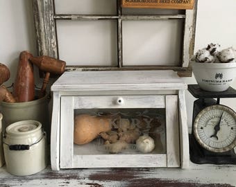Bread Box ~ Glass Front ~ French Country Kitchen ~ Farmhouse Kitchen ~ Wood with Chippy White Paint Finish ~ Vegetable Bin ~ Kitchen Storage