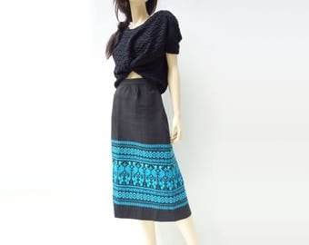 1960s Ethnic Skirt Ethnic Pencil Skirt 60s Mexican Skirt Black Cotton Skirt Handwoven Skirt Ethnic Turquoise 1960s Pencil Skirt Size Large