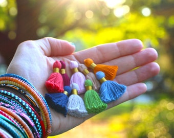Mini Jewelry Tassels New FALL Pantone Colors with GOLD Binding, Short Cotton Mala Bracelet Tassels, Handmade, 1.25", You Choose 10+ Colors