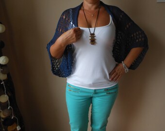 Knitted Shrug Bolero Summer Shrug Lace Knitted Dark Blue Navy Blue Shrug Hand Knit Cotton Cardigan