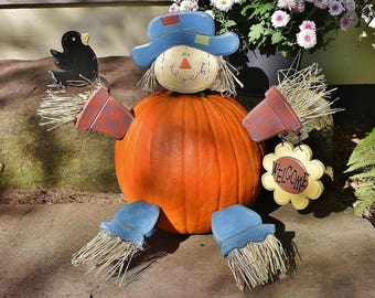 Halloween Build a Jack O Lantern Scarecrow Kit, Autumn Welcome Painted Wood DIY Decorate a Pumpkin Kit, Child Friendly Scarecrow Fall Porch