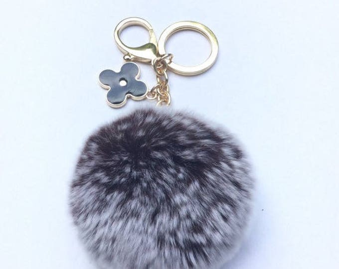 Pom-Perfect Chocolate frosted REX Rabbit fur pom pom ball with black flower keychain