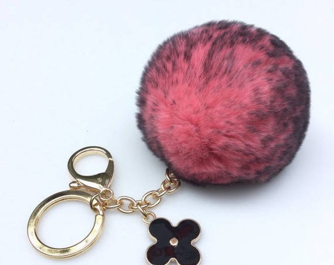 Dusty Pink Black Frosted fur pom pom keychain REX Rabbit fur pom pom ball with flower bag charm