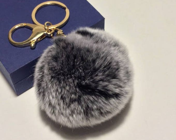 Very Soft Rex Rabbit fur pompon keychain for car key ring Bag Pendant lucky trinket FROSTED BLACK