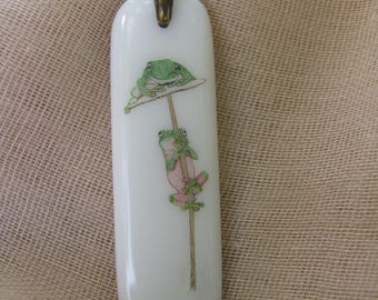 Original Scrimshaw of Two Frogs on a Date Pendant Necklace with Dark Brown Greek Leather Cord