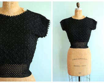 Vintage 1950's Black Ribbon Knit Cropped Blouse | Size Small