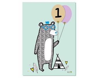 One Today Bear Birthday Card by Katie Cheetham